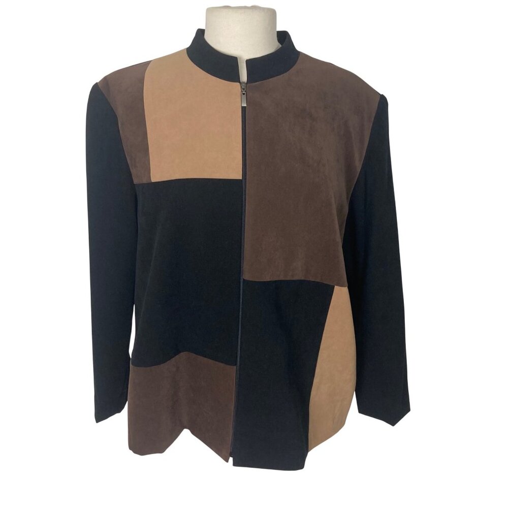 Vintage JM Collection Patchwork Jacket Womens 18 Brown Black Microsuede Full Zip